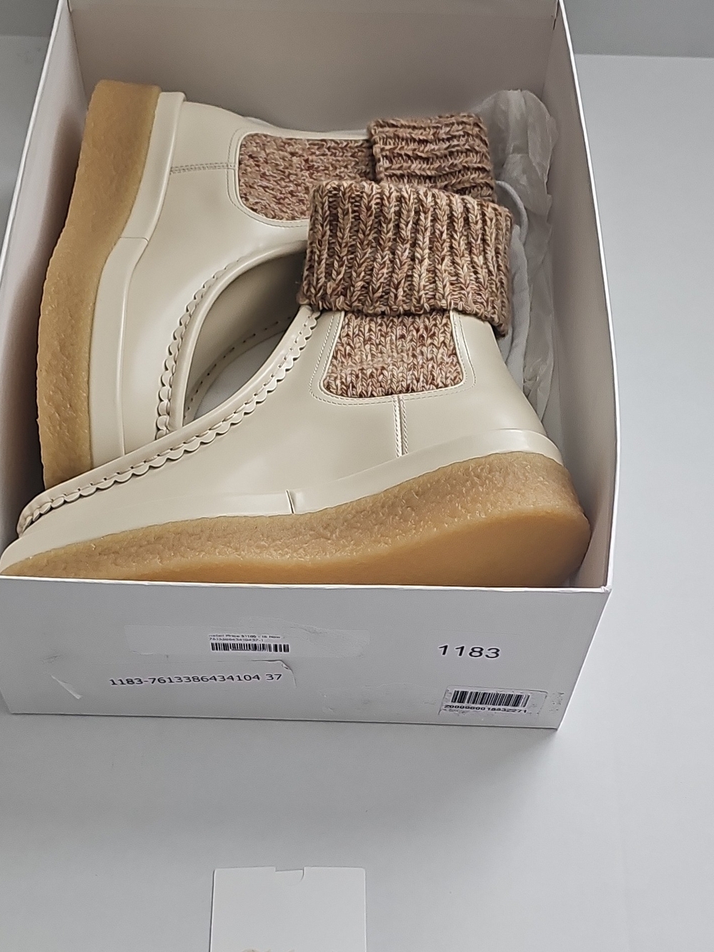 NIB Chloé Jamie Leather Ribbed-Knit Sock Ankle Boots Beige Crepe Sole Size 7